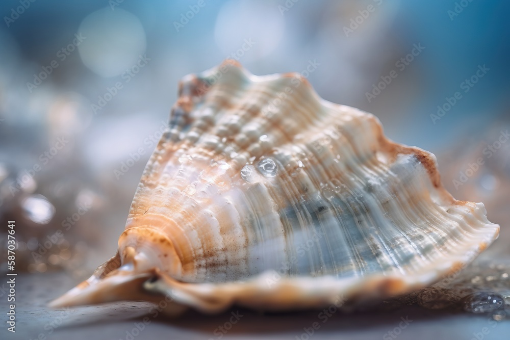 Aufkleber a close up of a sea shell on a beach with a blurry background of sand and water droplets on the bott