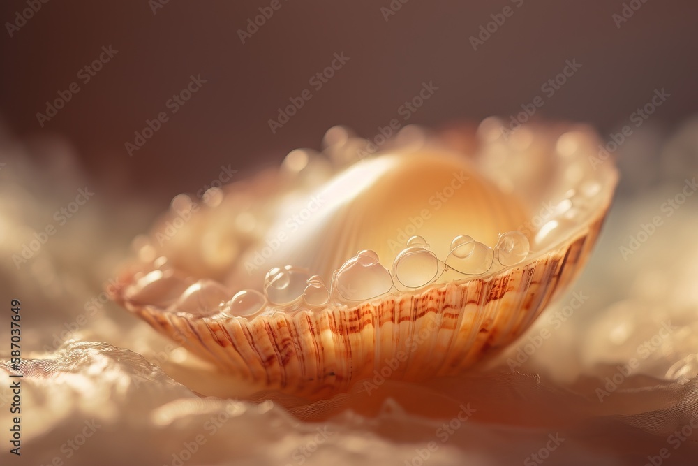 Poster a shell with water droplets on it on a bed of white fabric with a brown background and a soft light 