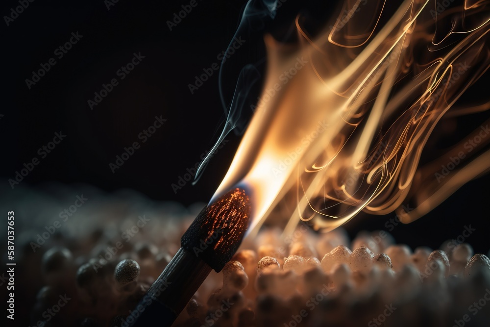 Poster a close up of a match being lit by a match stick with smoke coming out of the top of the matchestick