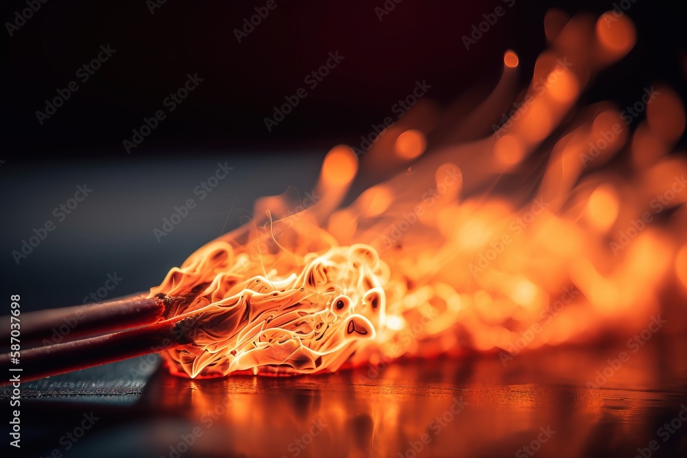 Poster a close up of a pair of chopsticks on a table with a fire flame in the middle of the image and a bla