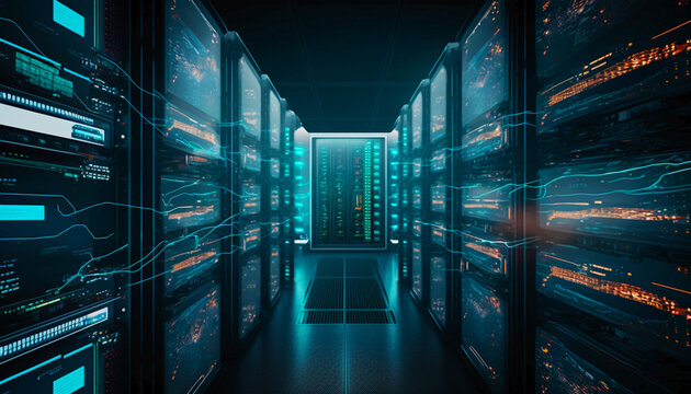 Data Center With Multiple Rows of Fully Operational Server Racks. Modern Telecommunications, Cloud Computing, Artificial Intelligence, Database, Super Computer Technology Concept. Generative AI