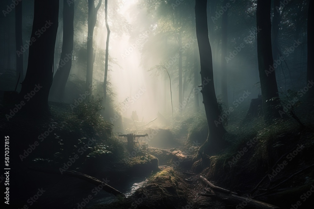 Poster a dark forest with a stream running through the middle of the forest, with a bench in the middle of 