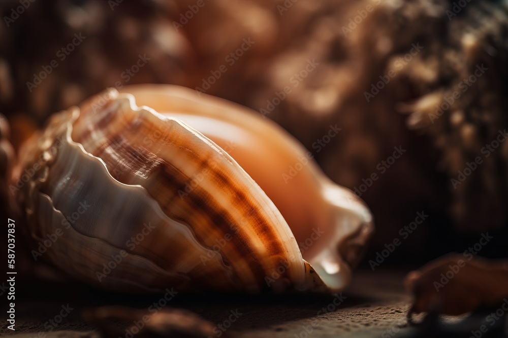 Aufkleber a close up of a sea shell on a table with other shells in the background and a blurry image of a she