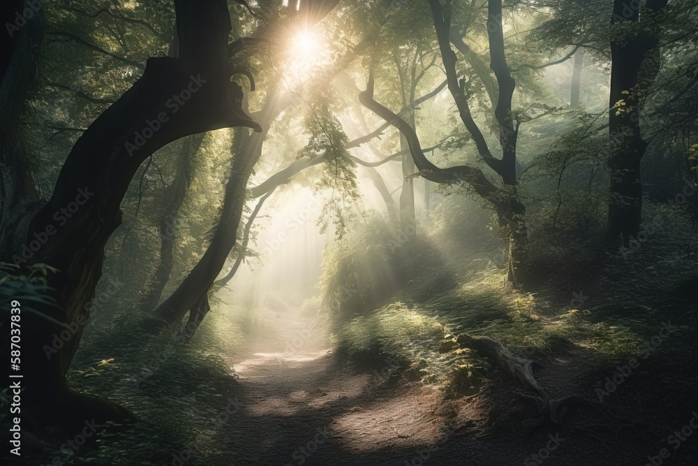 Poster a path in a forest with sun shining through the trees and fog on the ground and trees in the foregro