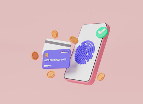 Credit card with fingerprint on screen mobile for payment. Biometrics, thumbprint, Credit or debit card, financial security, shopping, online payment, banking, money transfer. 3d render illustration