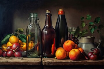 Fototapeta na wymiar still life painting featuring fruit and bottles on a table. Generative AI