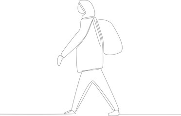 An imigrant looking for a place of refuge. Refugee one-line drawing