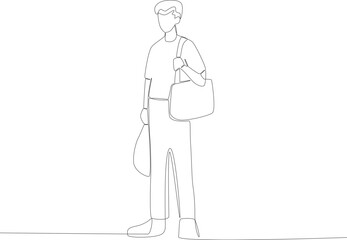 A young man looking for shelter. Refugee one-line drawing