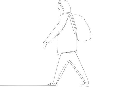 An imigrant looking for a place of refuge. Refugee one-line drawing