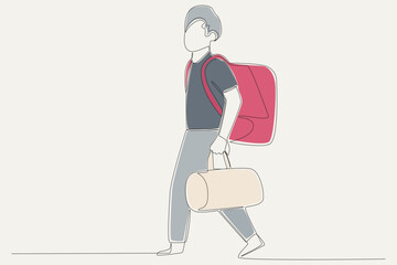 Color illustration of a refugee carrying many bags. Refugee one-line drawing