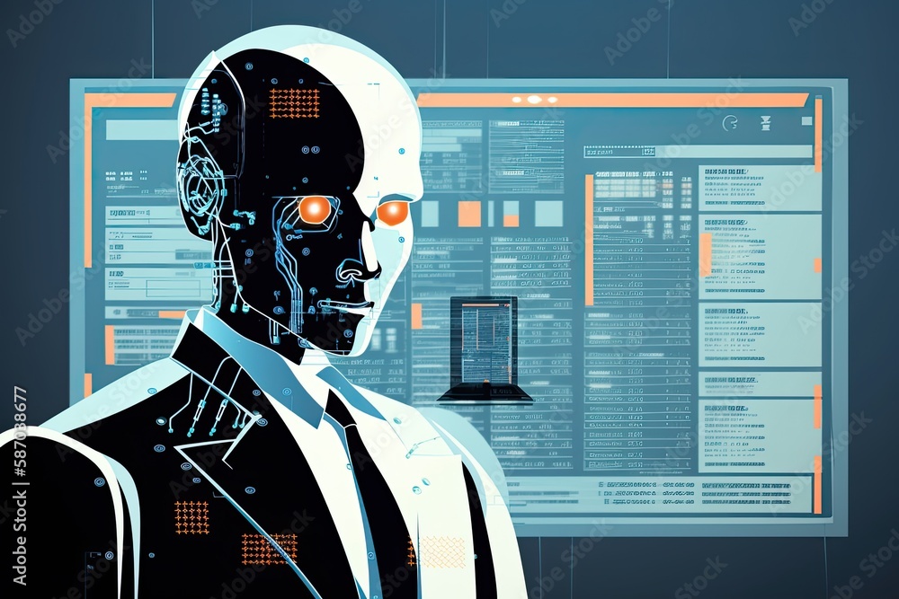 Poster man with glowing orange eyes staring at a computer screen. generative ai