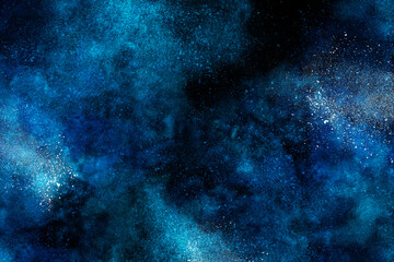 Fototapeta na wymiar Dust explosion, noisy texture. Scattering of small particles, powder cloud. Abstract dark blue background for design