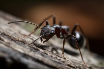 Red ant on wood looking towards us