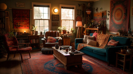 Fototapeta na wymiar An eclectic, bohemian living room with colorful tapestries and warm accent light, perfect for a cozy afternoon, Created with generative Ai Technology. 