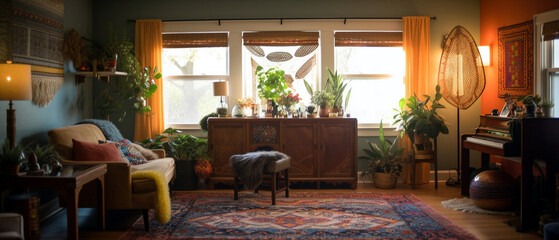 An eclectic, bohemian living room with colorful tapestries and warm accent light, perfect for a cozy afternoon, Created with generative Ai Technology.
