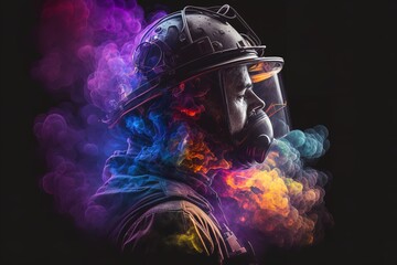 An illustration of a firefighter in turnouts and a headgear. Smoke and blue illumination against a dark backdrop. Generative Ai.