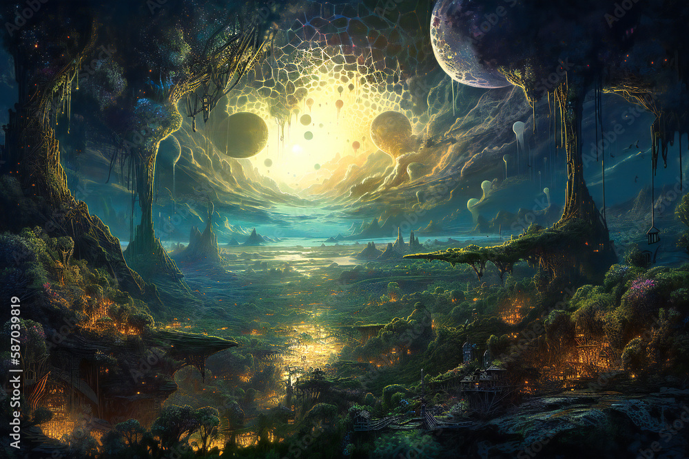 Poster surreal fantasy landscape on an alien planet. created with generative ai technology.