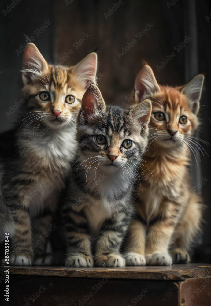 Poster three cute kitten looking at the camera. created with generative ai technology.