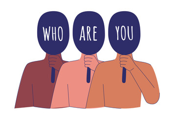 Three persons hold masks, that cover whole face. Script on mask who are you. Anonymity, cybersecurity, self identification, existential problem concept. Psychological metaphor. Vector illustration. - obrazy, fototapety, plakaty