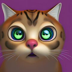 Green eyed kitten staring. Cute cat with big eyes illustration. Dark magnetta background. Generative AI.