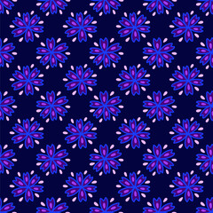 Seamless pattern with cornflower flowers on a blue background. Colorful vector illustration hand drawn. Field beautiful flower, spring and summer symbol. Packaging or fabric print, canvas
