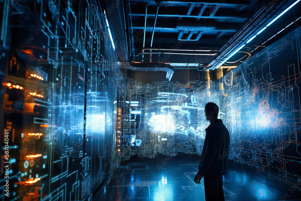 Aufkleber a focused businessman examining a sophisticated big data analytics visualization, while a scientist 