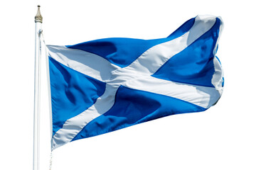 Scottish flag (Saint Andrews flag) on a pole waving in the wind isolated on transparent background,...