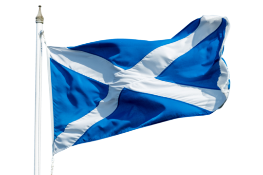 Photo of a Scottish flag (Saint Andrews flag) on a pole waving in the wind isolated on transparent background, png file