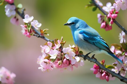 The color azure blue (Cyanistes cyanus). A lovely unusual bird against an apple blossom background. Ukraine and Poland. Generative AI
