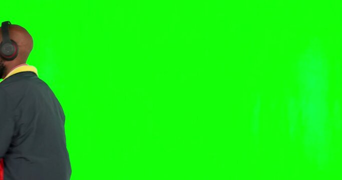 Dance, green screen or pointing black man happy, dancing to radio music song or audio podcast sound. Finger gun portrait, fun walking dancer or chroma key person listening on mockup studio background