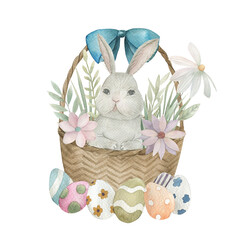 Happy Easter print. Watercolor spring illustration with eggs, rabbits, herbs. Hand drawn poster on white background.