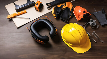 Construction tools on table, space for text. Generative Ai