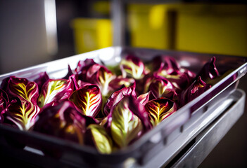 Close up of micro green radicchio sprouts growing edible plants in tray . Vegan healthy eating. AI Generated