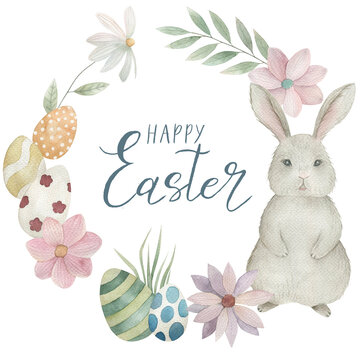 Happy Easter wreath. Watercolor spring illustration with eggs, rabbits, herbs. Hand drawn frame on white background.