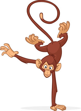 Cartoon funny monkey chimpanzee balancing on one hand or doind flip acrobatic handstand. Vector illustration of happy monkey character design isolated