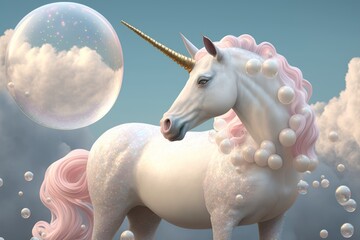 A pearlescent White unicorn with a shiny gold horn, on pastel pink and blue background. Generative Ai
