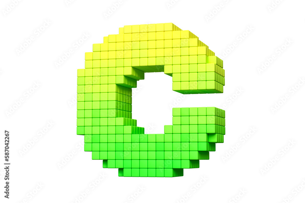 Poster pixel art alphabet collection letter c in yellow to green color scheme. high quality 3d rendering.