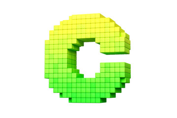 Pixel art alphabet collection letter C in yellow to green color scheme. High quality 3D rendering.