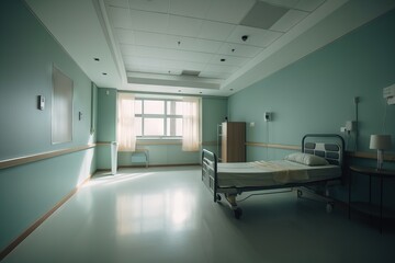  a hospital room with a bed and a lamp on the side of the room and a window in the middle of the room with a curtain.  generative ai