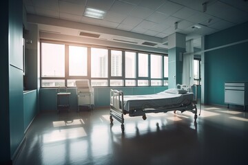  a hospital room with a bed and a chair in the middle of the room and a large window in the back of the room with a city view.  generative ai