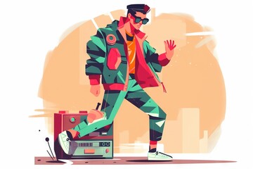  a man in a colorful jacket and sunglasses is dancing in front of a boombox with a record player in his hand and a record player behind him.  generative ai