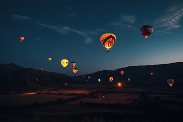  a group of hot air balloons flying in the sky at night time with a mountain in the background and a few clouds in the sky.  generative ai