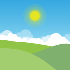 Obraz premium blue sun sky meadow. Beautiful natural landscape. Vector illustration.