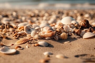 Fototapeta na wymiar seashells scattered on a sandy beach. Generative AI