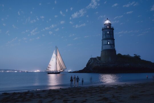  a sailboat on a body of water near a light house at night with people standing on the beach near the water and a sailboat.  generative ai