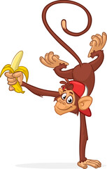 Cartoon funny monkey chimpanzee standing on one hand with banana in its hands. Vector illustration of happy monkey character design isolated