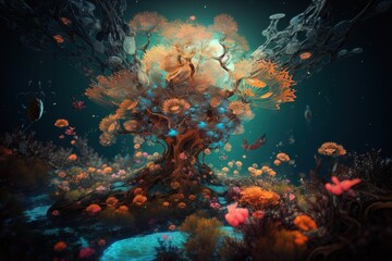 Obraz na płótnie Canvas a painting of a tree surrounded by underwater plants and fish in a dark blue ocean with a blue sky and blue light shining on the ground. generative ai