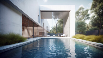 Modern house with swimming pool, exterior view. Generative ai and digital editing.