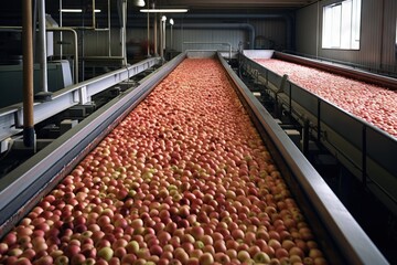  a large amount of apples are being sorted in a large room with a conveyor belt in front of them and a row of machines behind them.  generative ai