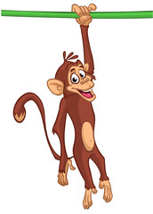 Cartoon monkey chimpanzee handing upside down on the tree branch or liana. Vector illustration of happy monkey character
